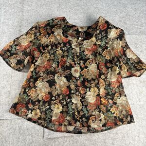 Vintage Floral Brocade Sheer Blouse Top Short Sleeve Black Rose EU 50 Plus Size